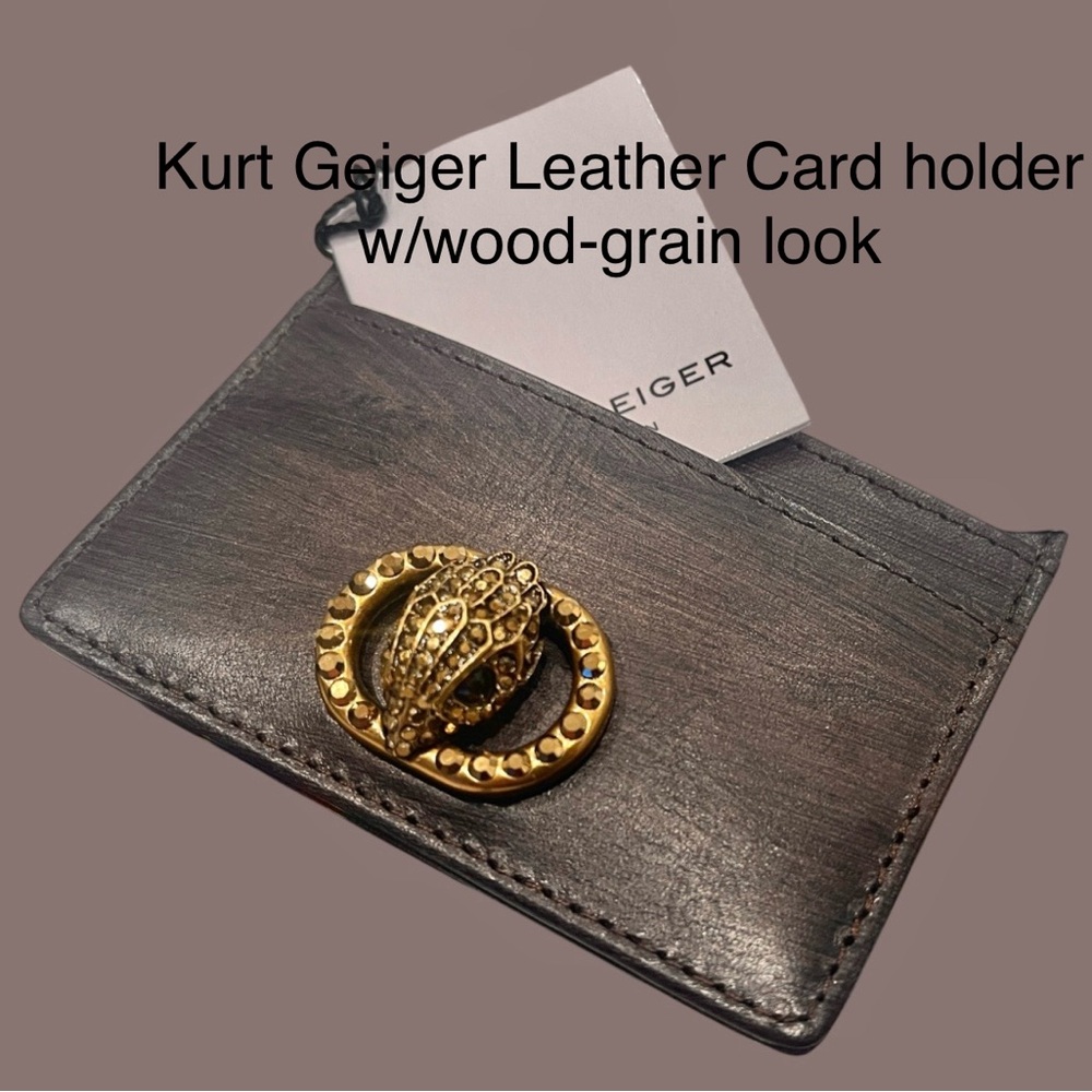 Kurt Geiger Leather Card Holder Unisex Chelsea DkBrown Lg Crystal Bird Head/Oval
